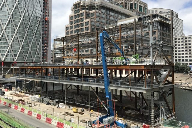 Heron Quay Pavilion during construction in canary wharf