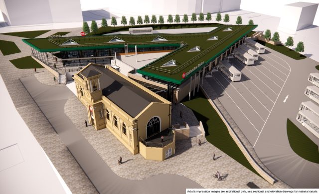 Halifax Bus Station Y shape building with green plants on the roof